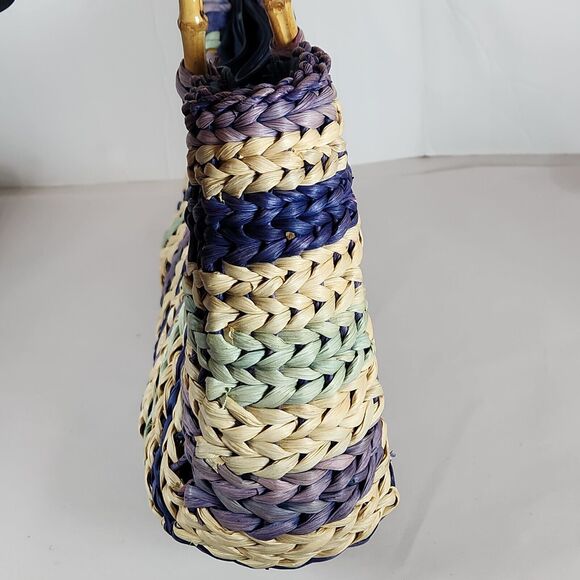 tropical trends purple striped colorful‎ Straw Woven Handbag round Bamboo Handle - Picture 4 of 10